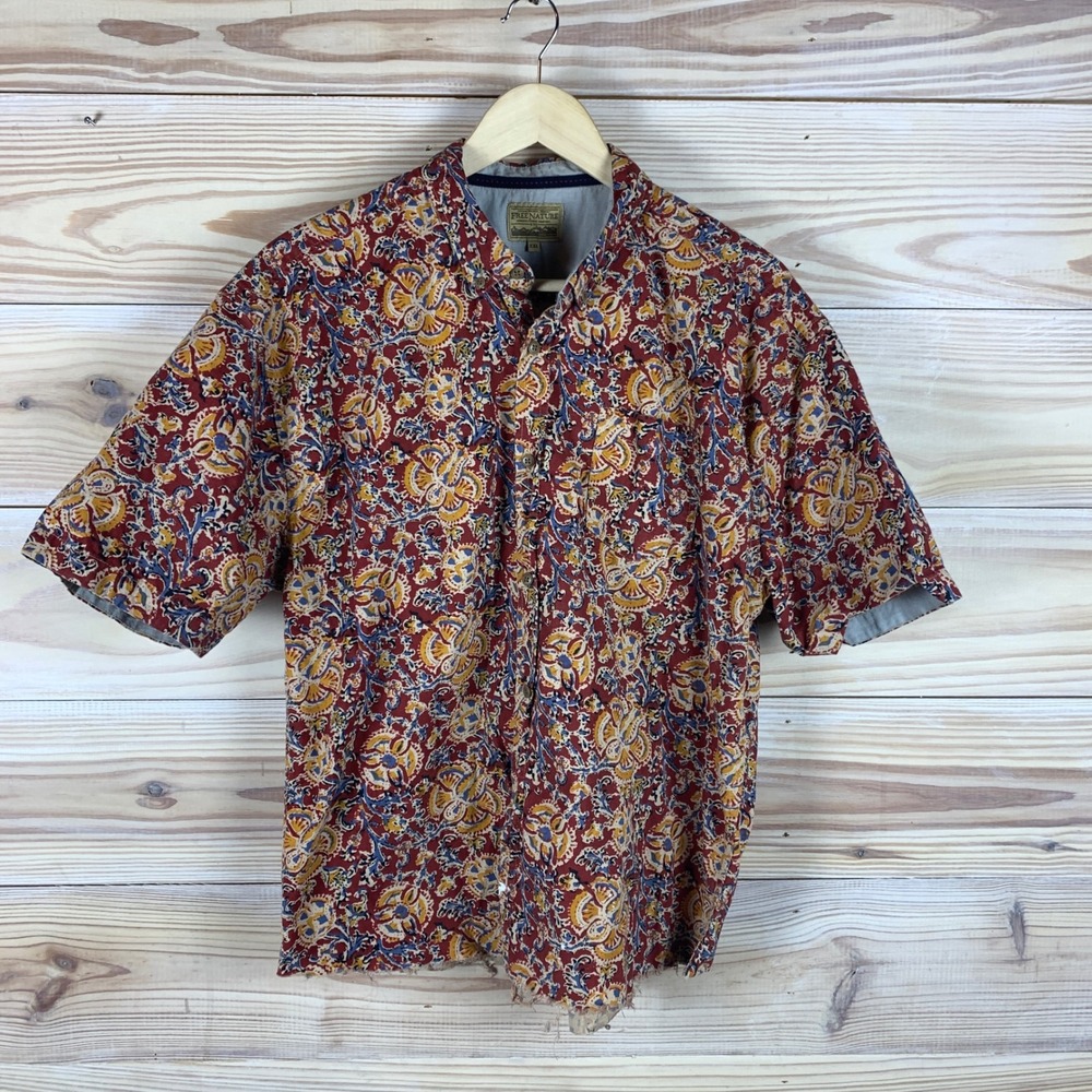 Free Nature Shirt Mens XXL Red Paisley Block Print Raw Hem Camp DIY Distressed